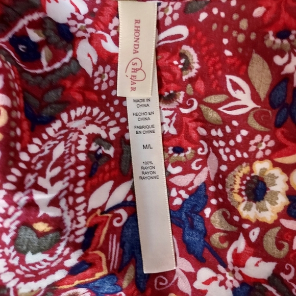 Rhonda Shear printed open kimono top with side ties, sz M/L, boho, red - Picture 6 of 7